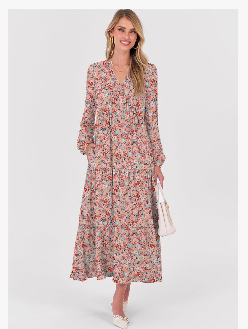 Floral V-Neck Tiered Maxi Dress - Pink Floral